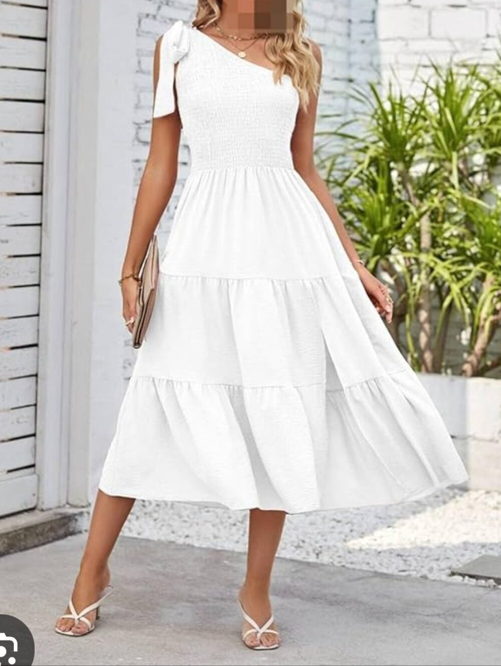 White One-Shoulder Tiered Midi Dress with Bow Strap